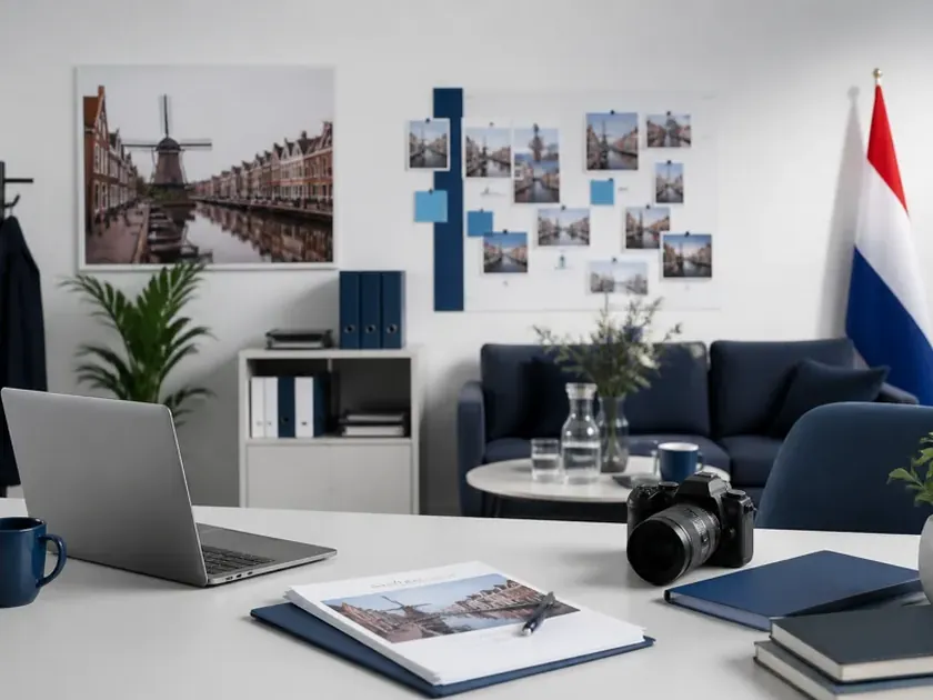 A workspace with folders, a camera and photographs of Dutch canal buildings