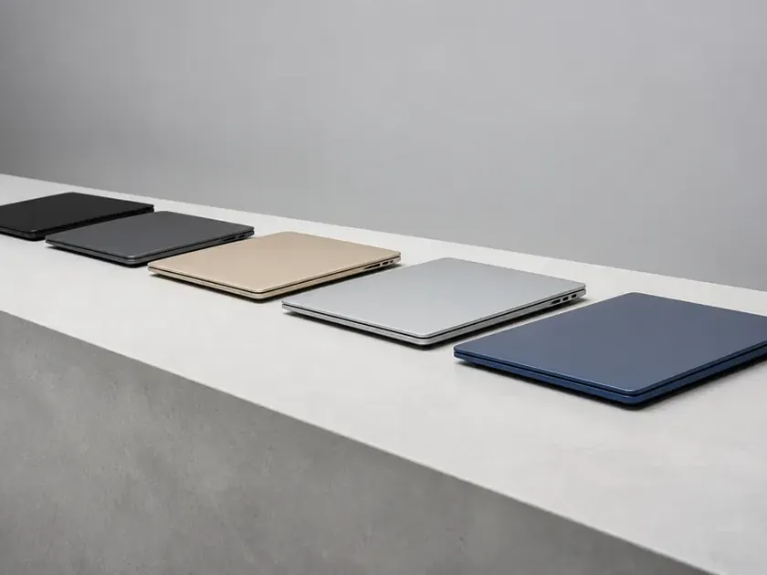 Several distinct closed laptops arranged in a row on a table, each a different colour