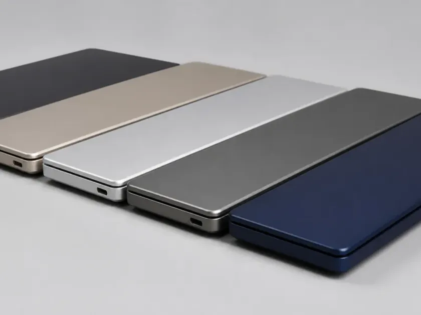 Several distinct closed laptops arranged in a row on a table, each a different colour