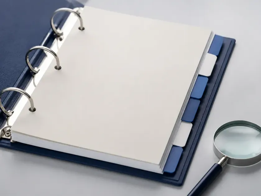 An organised overview of printed documents fanned out on a desk