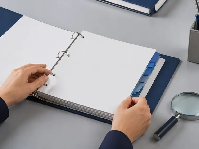 An open ring binder with tabbed dividers beside a magnifying glass